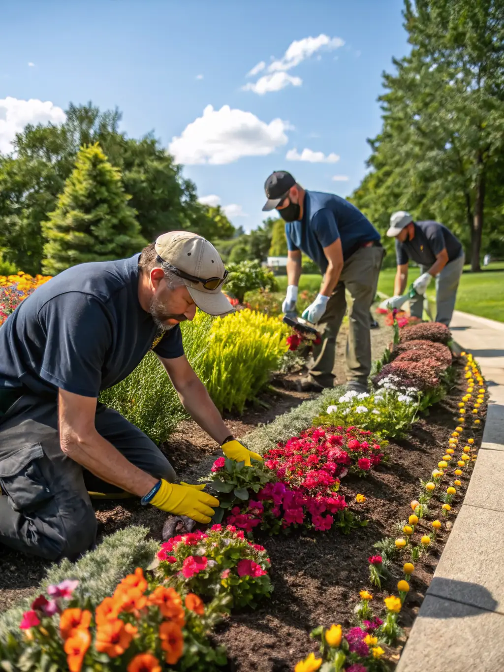 A team of landscapers in branded uniforms laying paving stones, planting shrubs, and installing a wooden fence in a partially completed garden. This image will be used to show the landscaping phase.