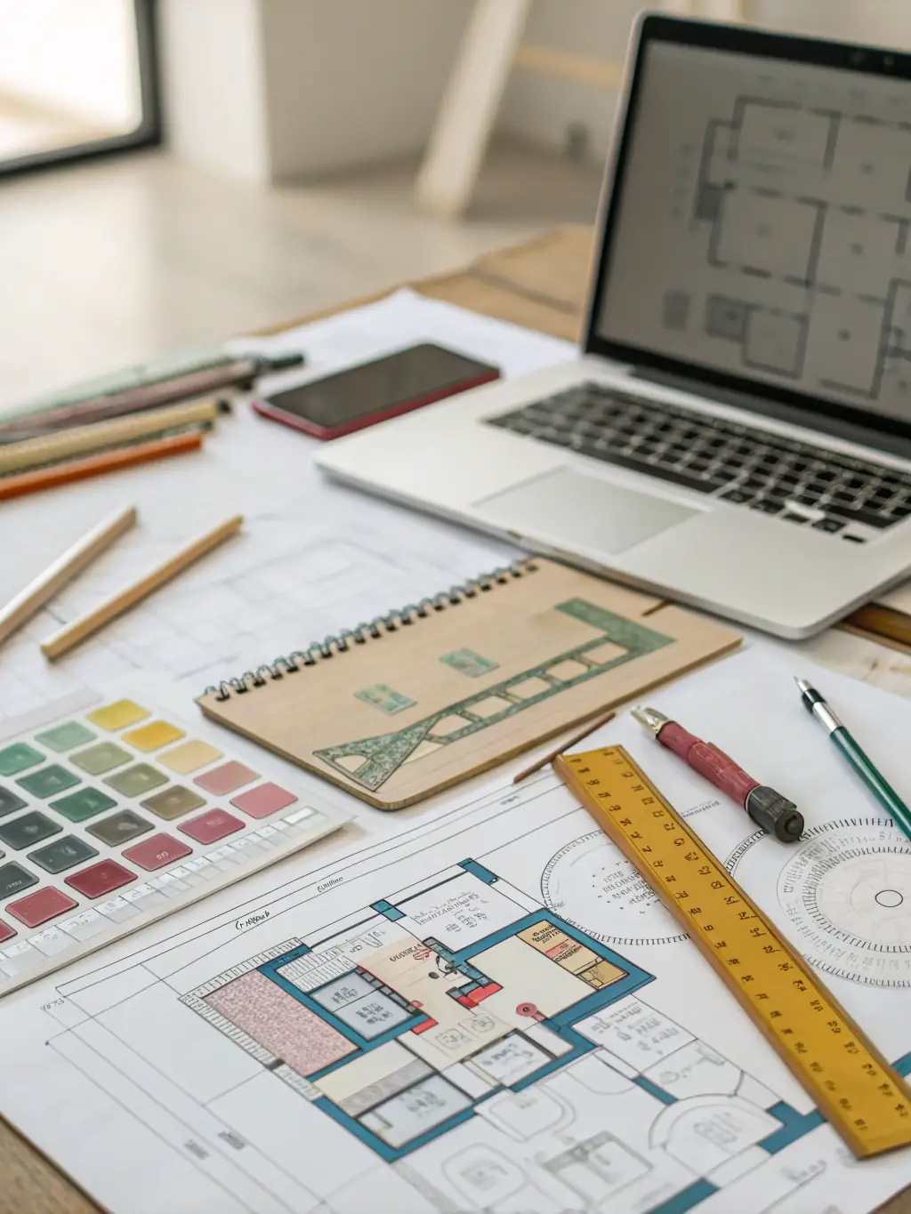 A detailed garden plan with hand-drawn sketches, mood boards, and plant lists spread out on a designer’s desk, with a laptop and measuring tape visible. This image will be used to illustrate the planning stage of the process.