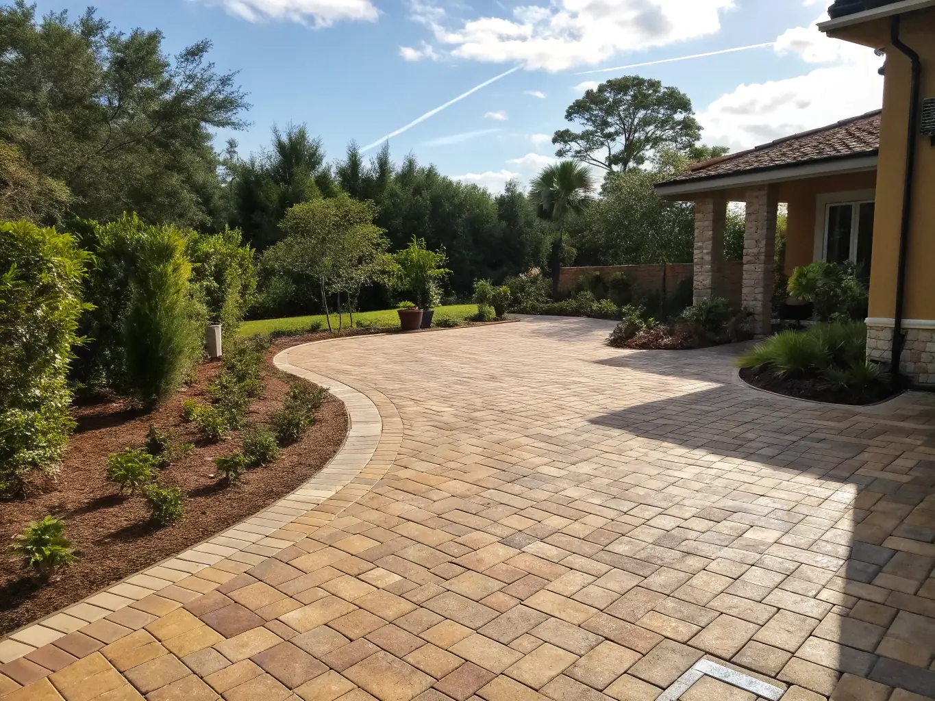 A high-resolution photo of a newly installed stone patio with stylish paving, outdoor seating, and decorative planters, set in a modern family garden, perfect for illustrating patio and paving services.
