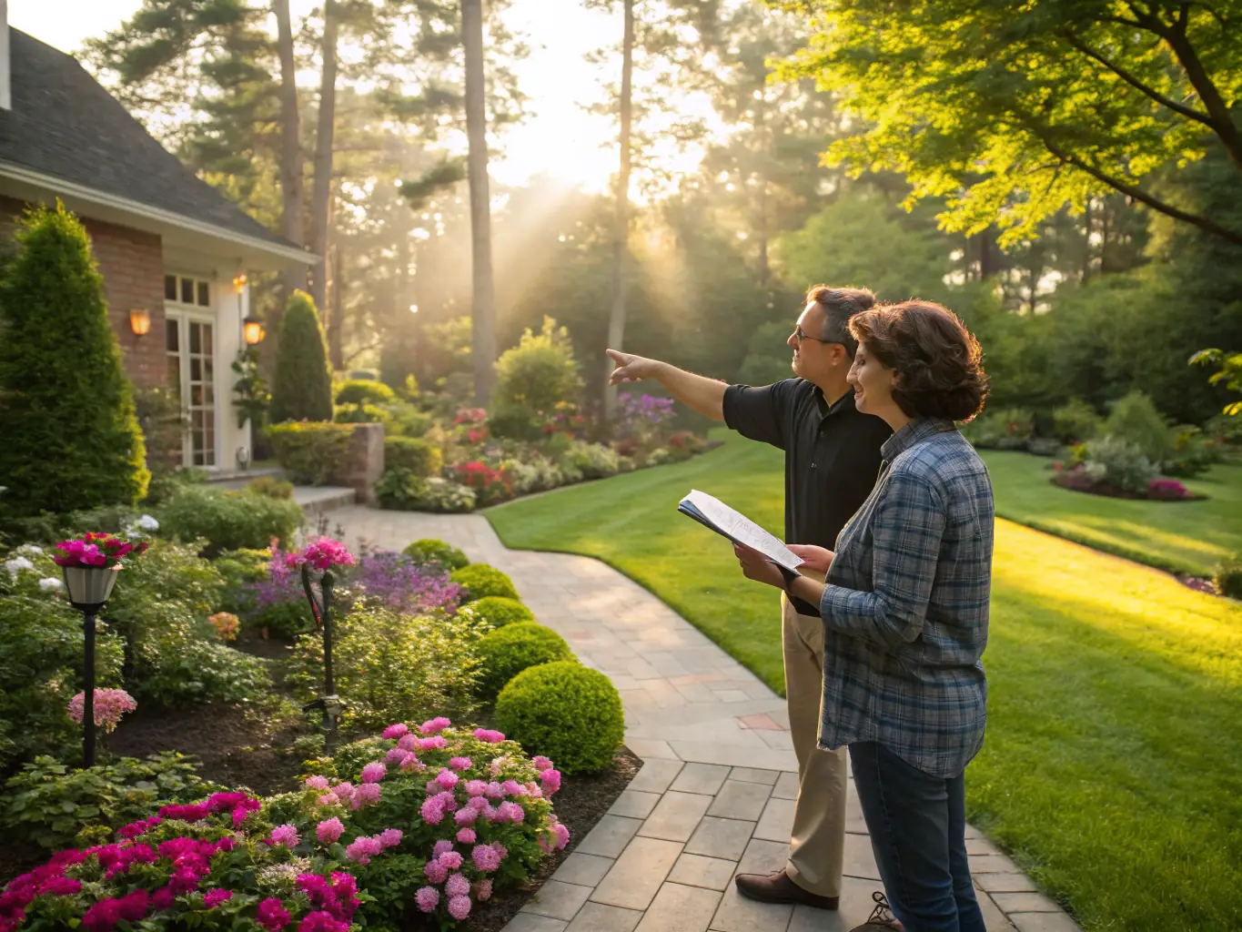 A friendly garden designer consulting with a smiling homeowner in a well-kept Kent garden, holding design plans and discussing ideas, illustrating personal service and client collaboration.