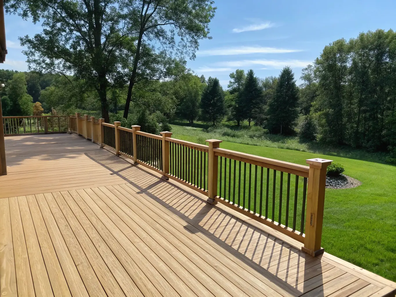 A crisp image of a contemporary wooden deck with integrated steps and railings, overlooking a landscaped garden, sunlight highlighting the clean lines and craftsmanship, suitable for promoting decking services.