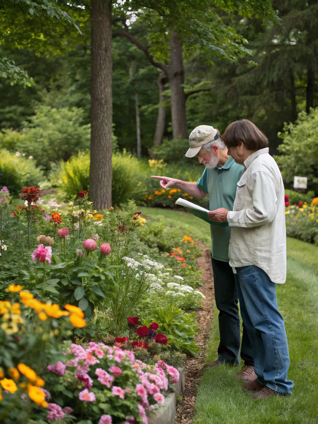 A friendly garden designer sitting with a couple at a patio table, reviewing garden sketches and plant samples, surrounded by a lush, well-kept garden. This image will be used to represent the initial consultation phase of the garden design process.