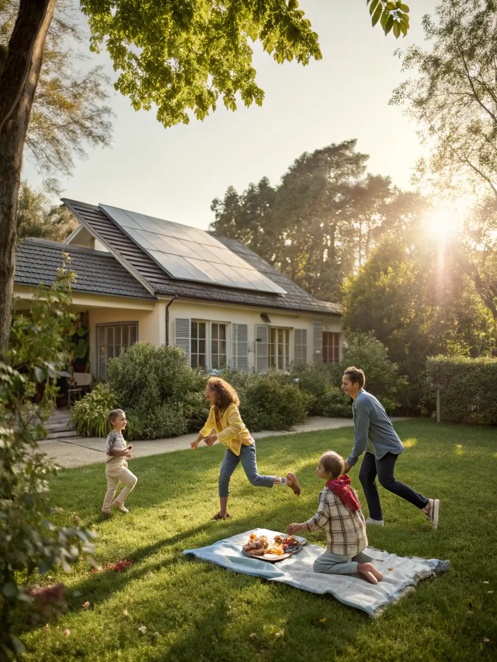 A finished garden with vibrant flower beds, a new patio, manicured lawn, and a happy family enjoying the space on a sunny day. This image will be used to represent project completion.