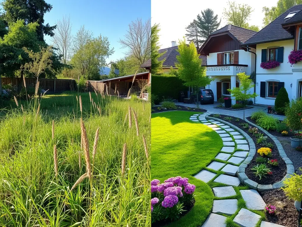A vibrant before-and-after image of a residential garden transformation, showing a neglected lawn turned into a lush, well-designed outdoor living space with new planting and tidy borders, ideal for showcasing a garden makeover service.